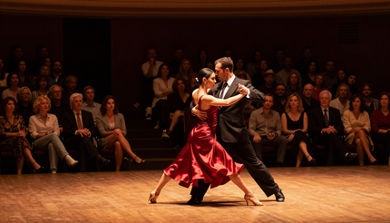 Ballerini di tango in nero e rosso si esibiscono su un palco di legno davanti a un pubblico.
