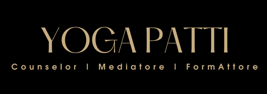 Logo dorato “YOGA PATTI” su sfondo nero con sottotitolo “Consulente | Mediatore | Formatore”