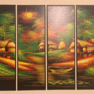 A painting of a village with thatched roofs and boats on a river.