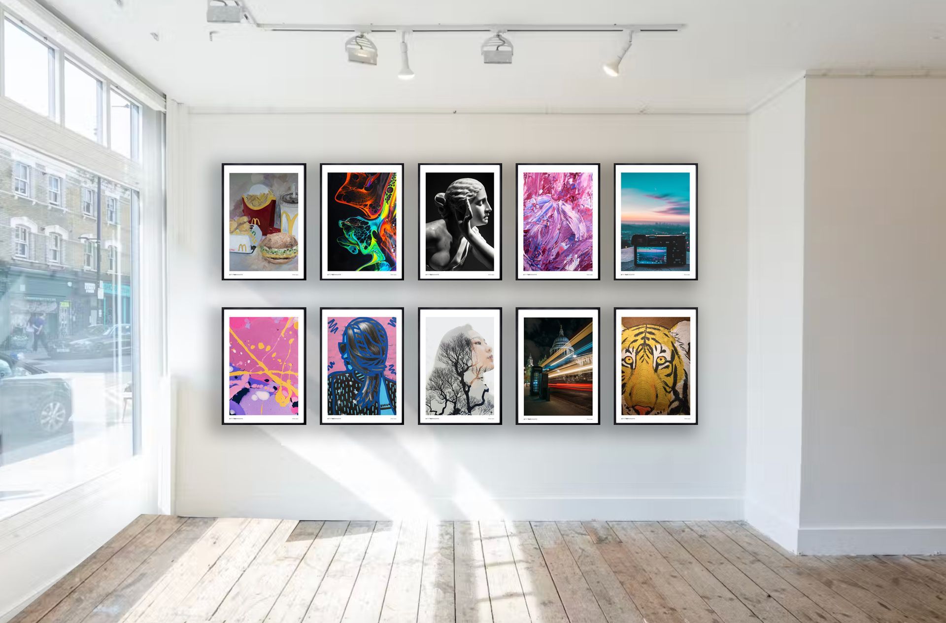 A room with a lot of pictures on the wall
