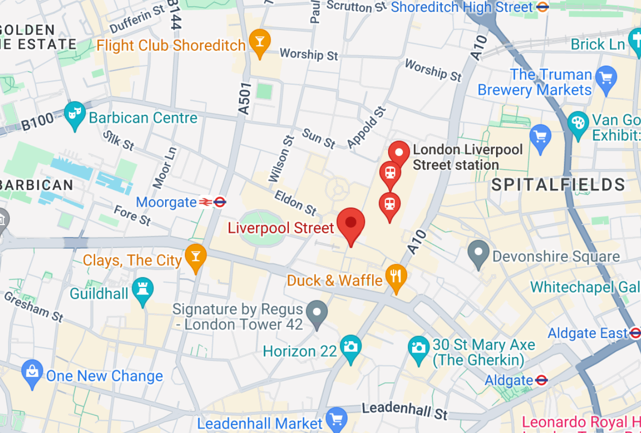 A map of liverpool street with a red circle in the middle