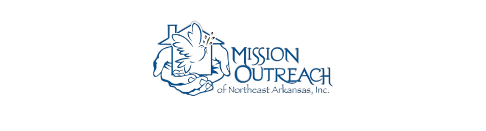 Mission Outreach logo with blue line art of a building and cross, on a white background