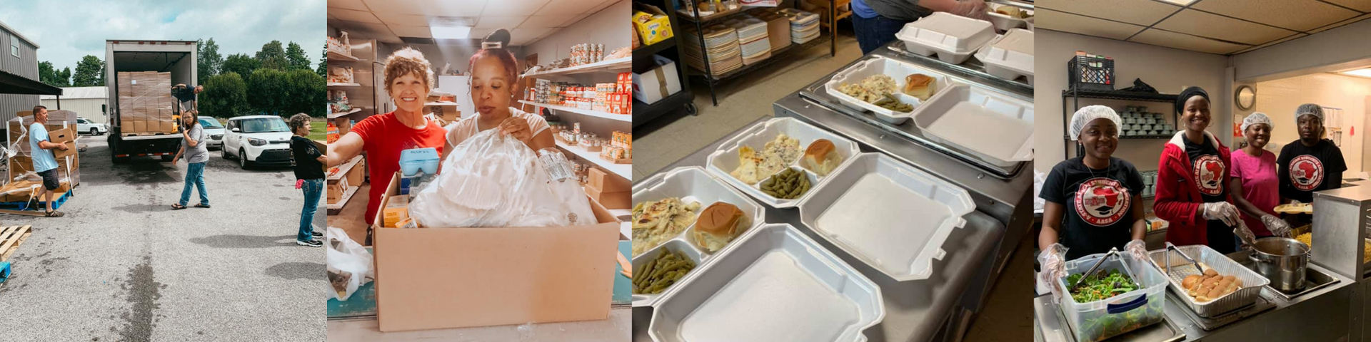 Four small photos: outdoor truck scene, smiling woman with box, buffet trays, and people seated at a table