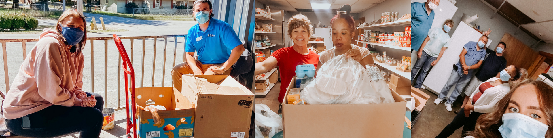 Group of people packing and sorting donations in a brightly lit warehouse
