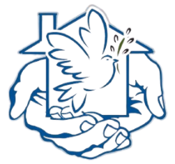 Blue line-art hands holding a dove, symbolizing peace and care