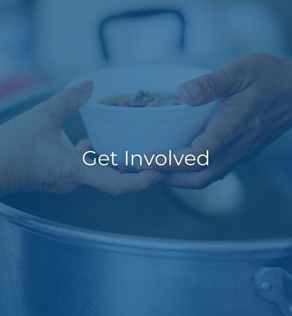Hands holding a white bowl of food over a pot, with “Get Involved” text overlay.