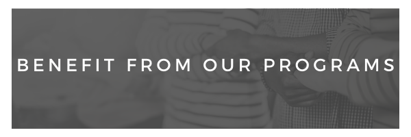 Text reading “Benefit from our programs” over a gray background with faint people silhouettes