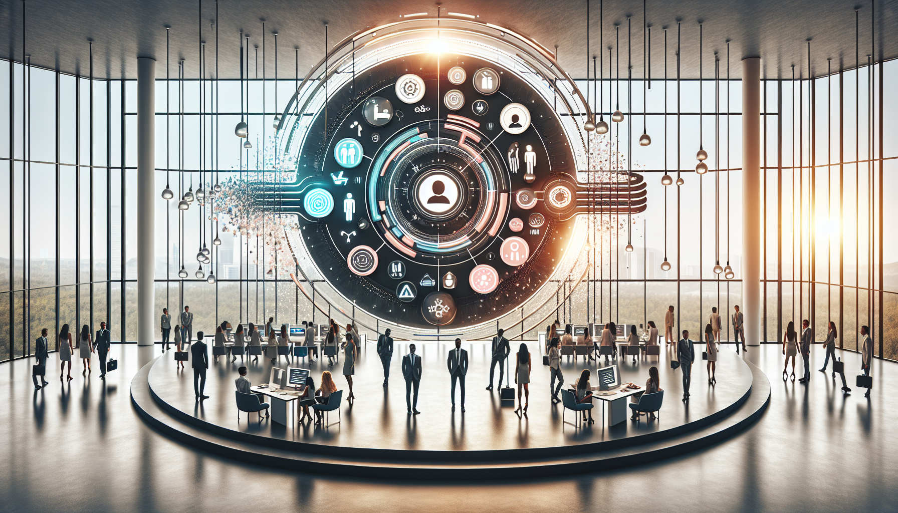 Large circular tech display in modern hall with people interacting below.