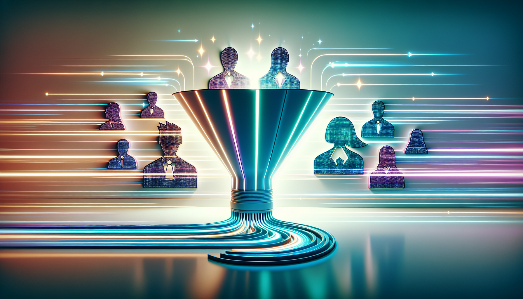 A digital funnel with people icons, flowing lines, and a light-filled background.