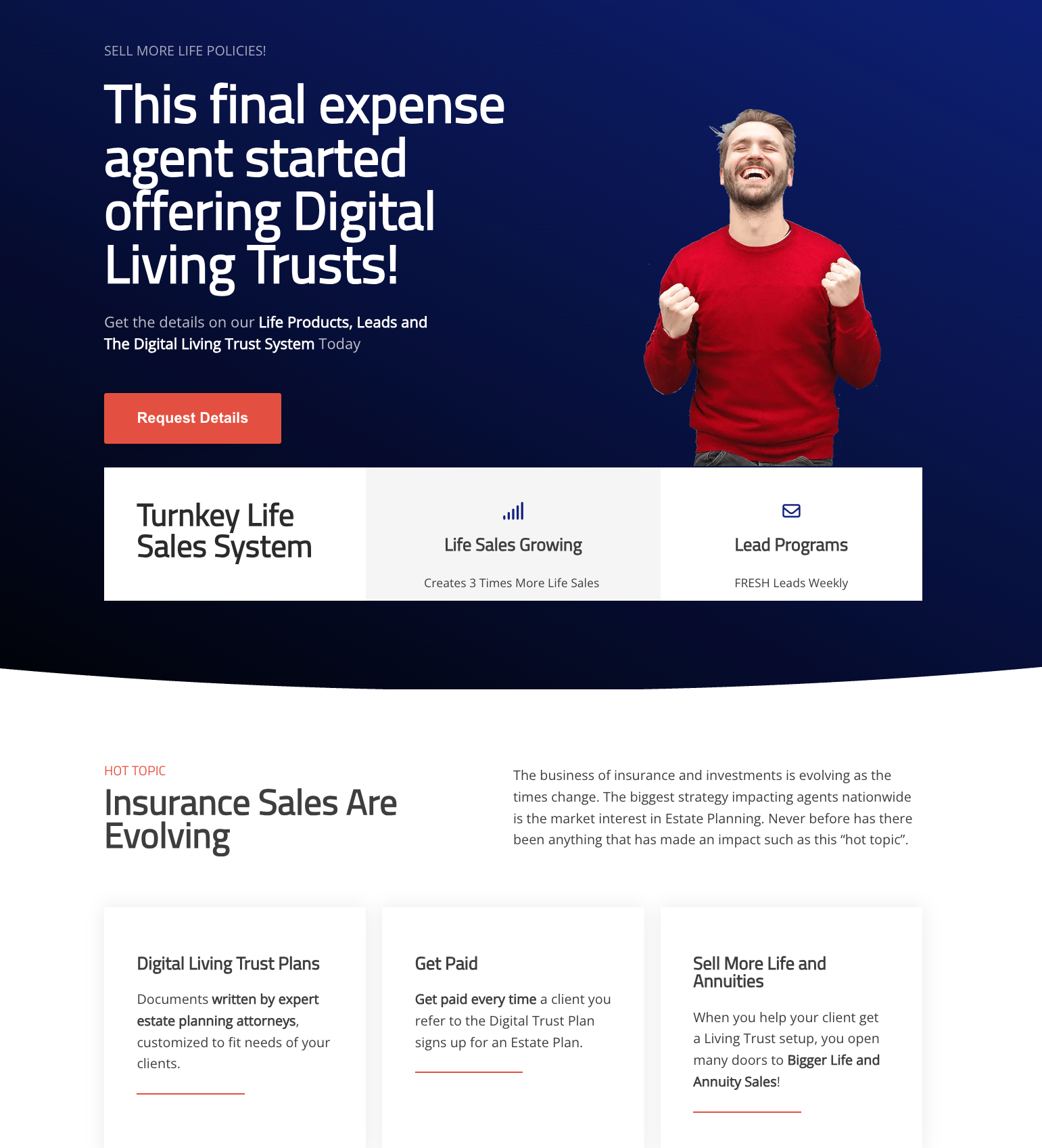 A webpage promoting digital living trusts. Man in red shirt celebrates. Text: