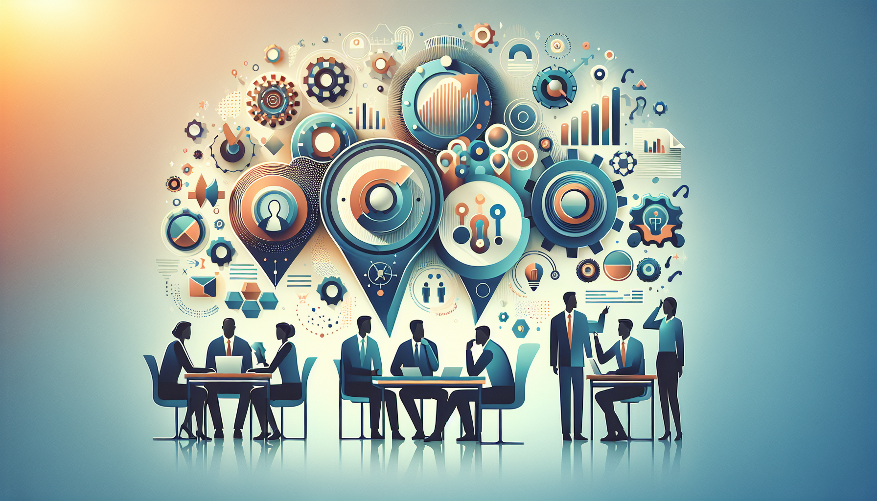 People collaborating at tables beneath colorful gear, target, and chart icons in a tech workspace