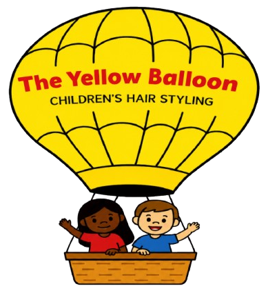 Logo for The Yellow Balloon children's hair styling, with a yellow hot air balloon and two smiling kids in a basket