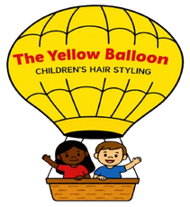 Logo for The Yellow Balloon children's hair styling, with a yellow hot air balloon and two smiling kids in a basket