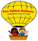 Logo for The Yellow Balloon children's hair styling, with a yellow hot air balloon and two smiling kids in a basket