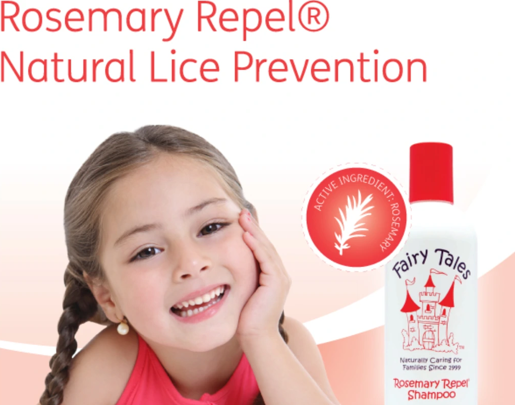 Girl smiling beside Fairy Tales Rosemary Repel lice prevention shampoo bottle on pink background