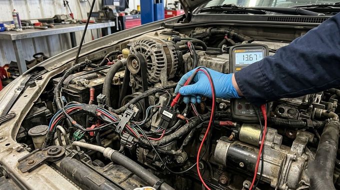 Mechanic in blue gloves inspecting engine wiring in a workshop with a diagnostic tool display.