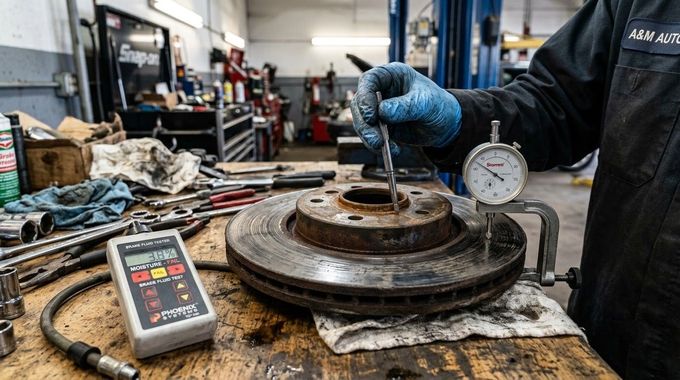 Gloved hand measuring a rusty brake rotor on a workbench in an auto repair shop