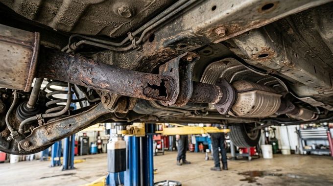 Undercarriage of a car on a lift in an auto repair shop, showing rusted exhaust and suspension parts
