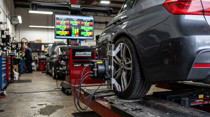 Black sedan on a workshop lift during wheel alignment in an auto repair shop