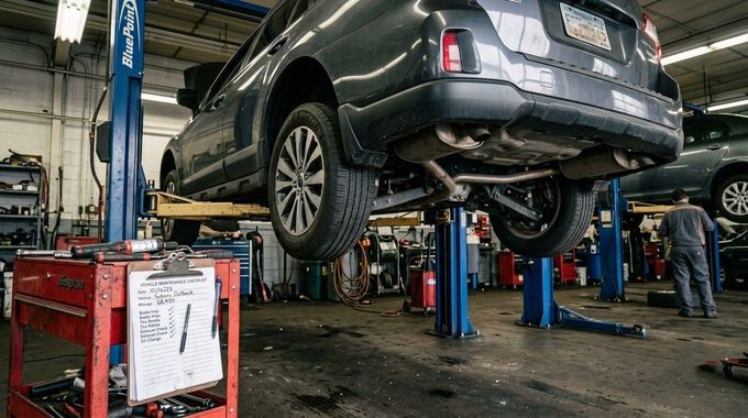 SUV lifted on a car jack in an auto repair shop, with mechanics working underneath.