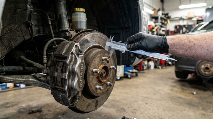 Mechanic’s gloved hand points at a car’s exposed brake rotor in a garage