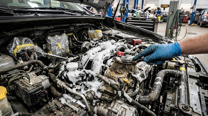 Mechanic cleaning a car engine bay with white foam in an auto repair shop