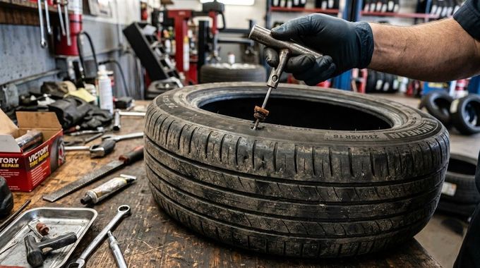 Mechanic repairing a tire on a workbench with tools scattered around the shop