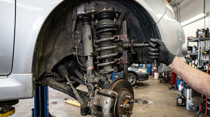 Car suspension and wheel well exposed in an auto shop, with a mechanic inspecting the front wheel assembly