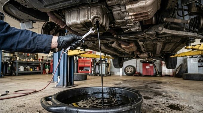 Mechanic draining oil from a car on a lift into a pan in an auto repair shop