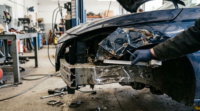 Car mechanic inspecting a badly damaged black car in an auto repair shop