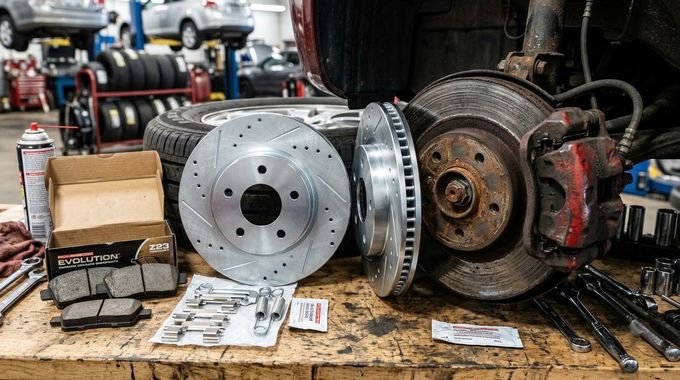 Brake rotors and calipers on a workbench in an auto shop, with tools and parts scattered around