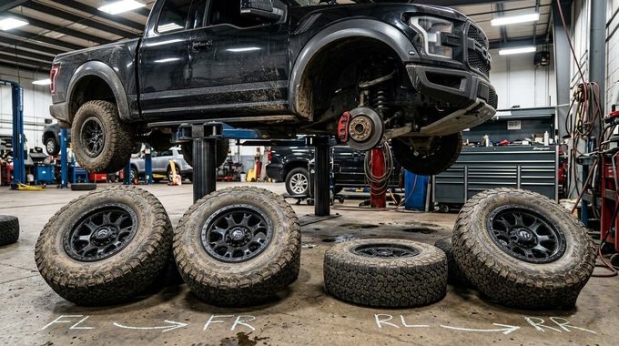 Black lifted truck in auto shop, with wheels removed and spare tires lined up in front.