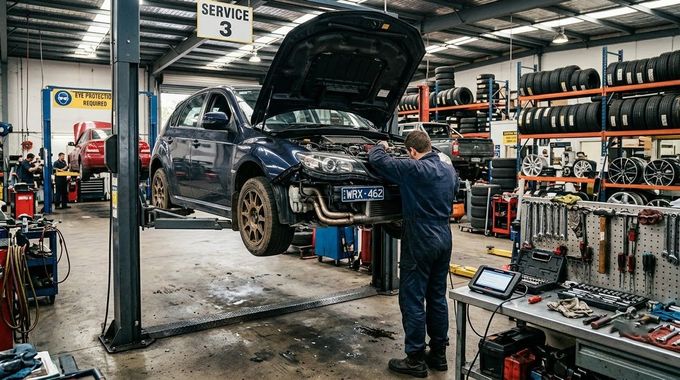 Mechanic working on a blue car lifted in an auto repair shop, with tools and parts shelves nearby.