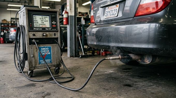 Car being serviced in a garage, connected to a diagnostic machine by cables.