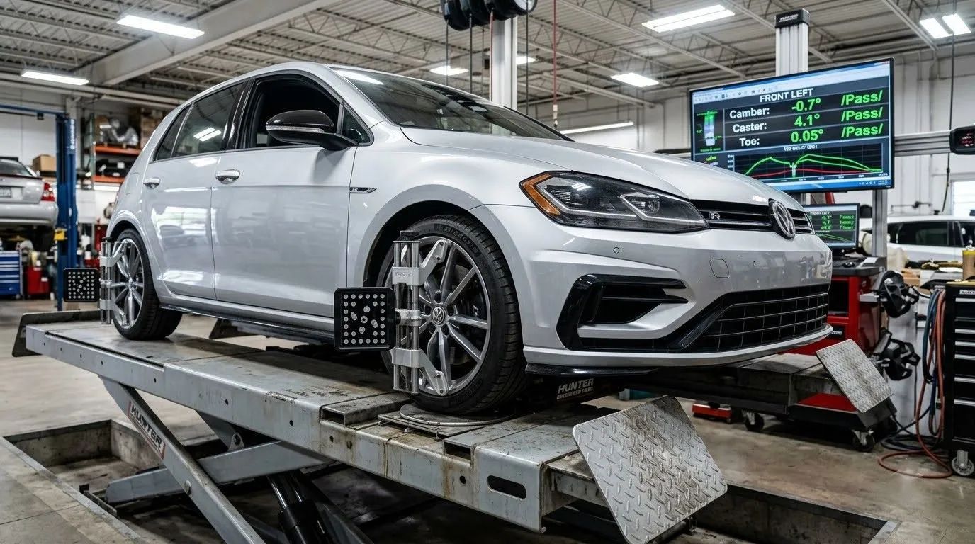 Silver hatchback on a vehicle alignment lift in an auto repair shop