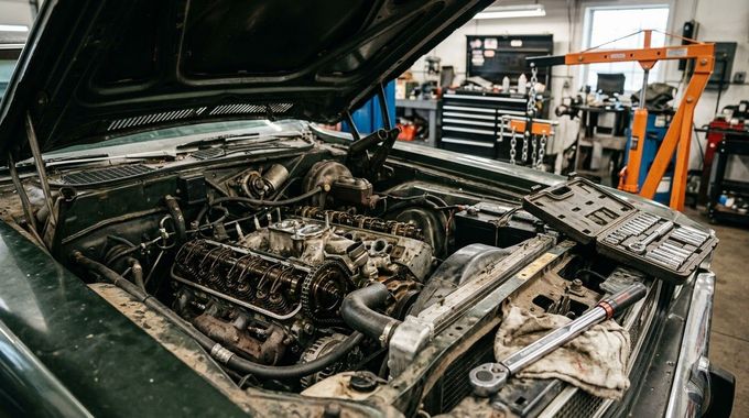 Car engine with open hood in a workshop, showing exposed mechanical parts and tools in the background