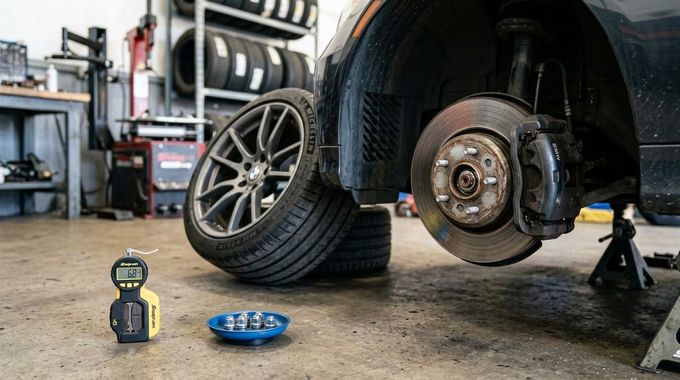 Car with wheel removed in a garage, showing brake assembly and tire on the floor; small robot toy nearby