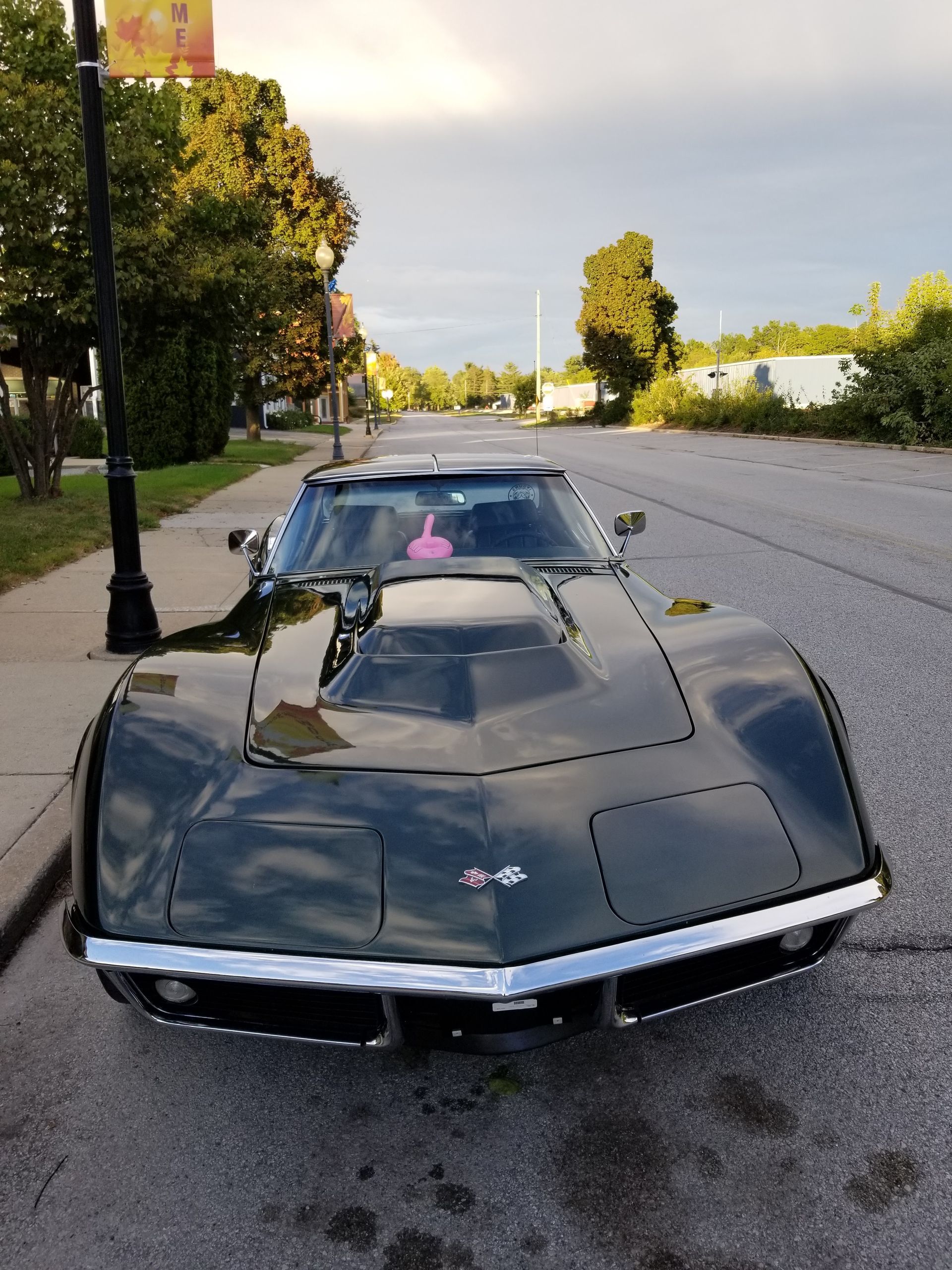 Black classic Corvette parked on a street beside trees in warm evening light.