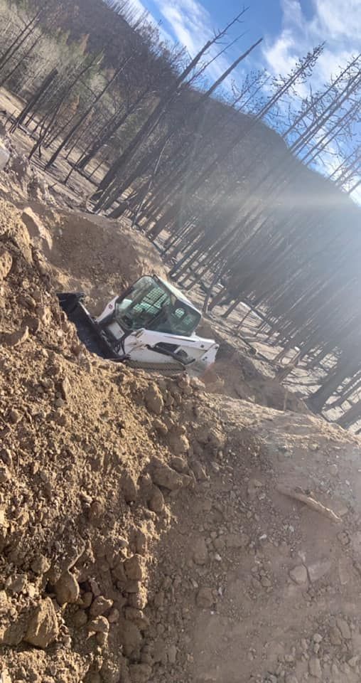 A bulldozer is driving down a dirt road in the woods.