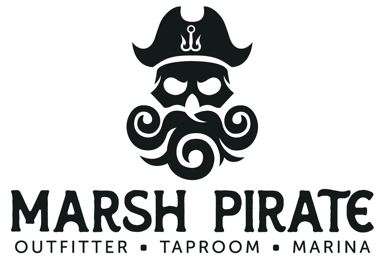 Marsh Pirate logo with black pirate face and text: “MARSH PIRATE OUTFITTER • TAPROOM • MARINA”