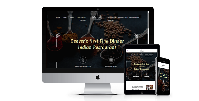 Website mockup displaying a dark-themed page for an Indian restaurant on desktop, tablet, and mobile.