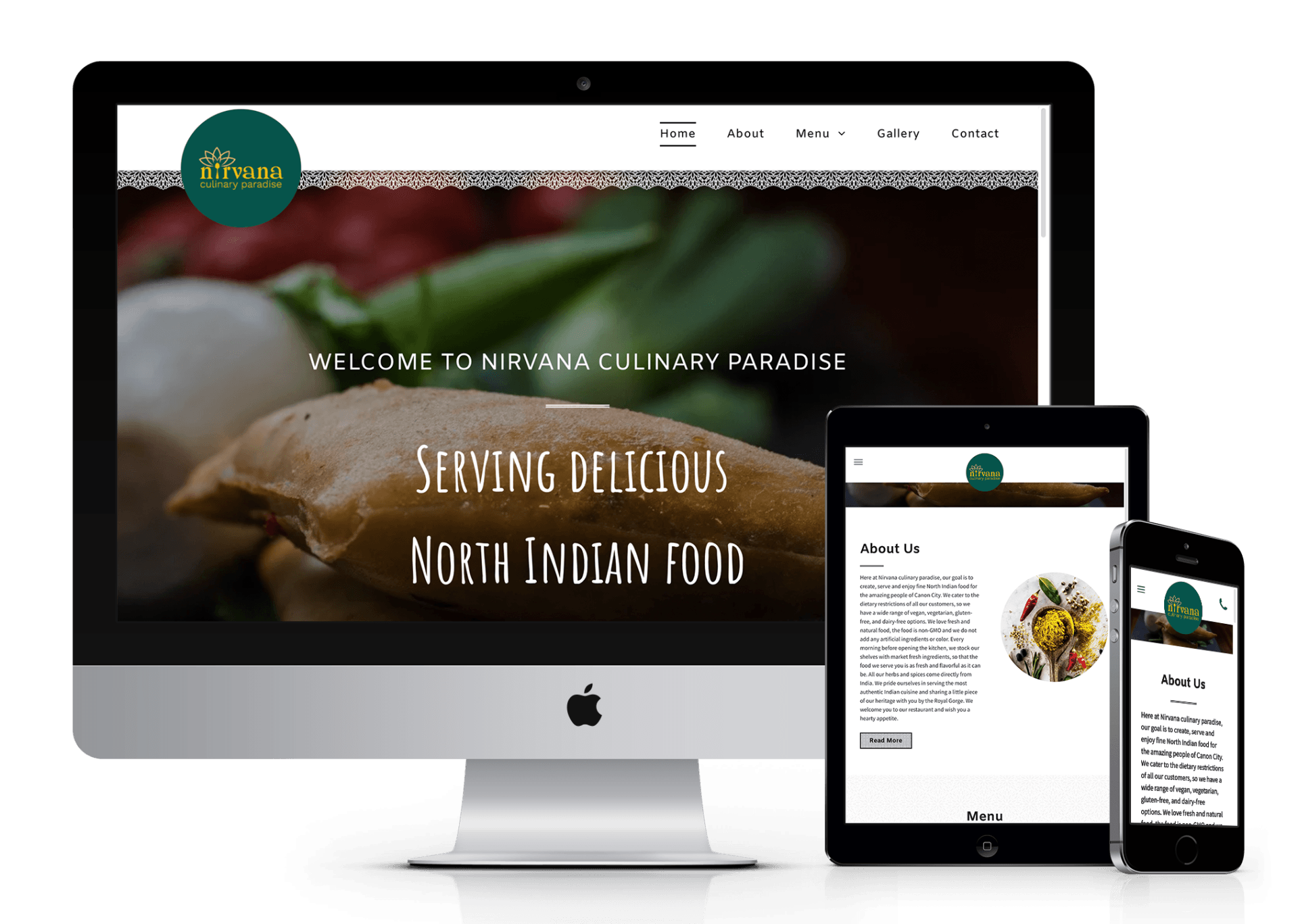 Website mockup on computer, tablet, and phone displaying North Indian food information.
