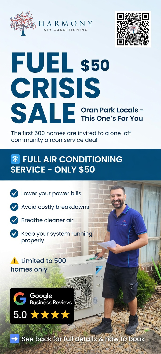 Fuel Crisis Sale ad for air conditioning service, with technician holding a tool beside an outdoor unit.