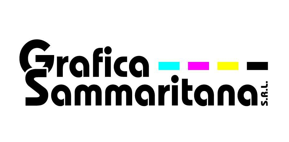 Logo per Grafica Sammaritana SRL Testo in nero con una linea di trattini colorati: ciano, magenta, giallo, nero.
