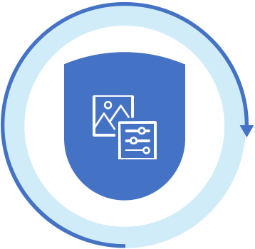 A blue shield with a picture and a document inside of it.