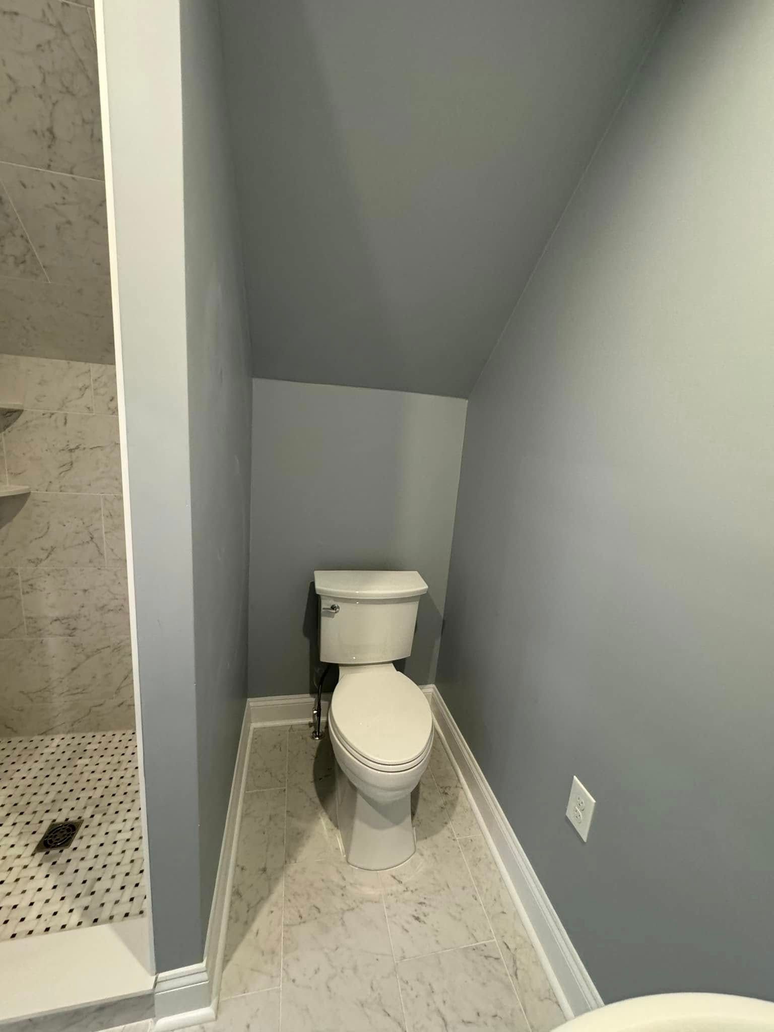 Toilet in small, blue-walled bathroom with angled ceiling and tiled floor. Shower visible on the left.