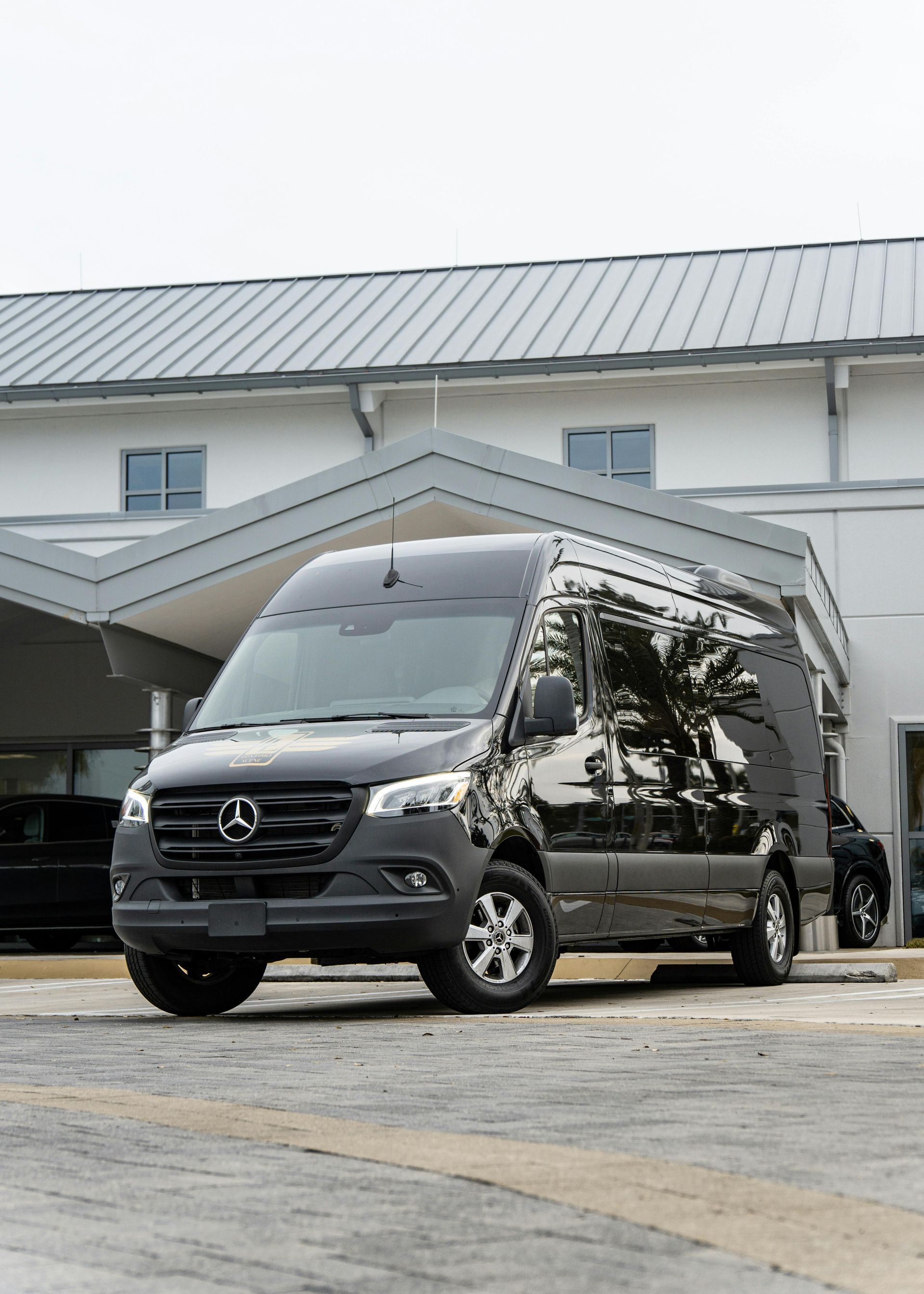 Black Mercedes-Benz Sprinter van parked in front of a building with a gray roof.
