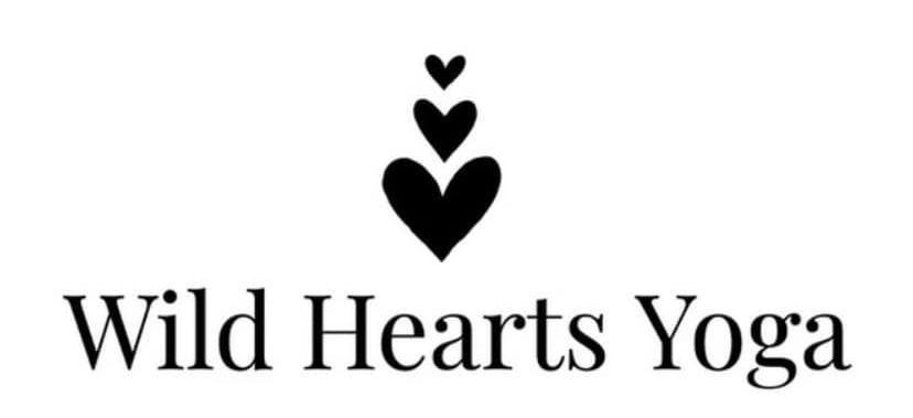 A logo for wild hearts yoga with three hearts on a white background.