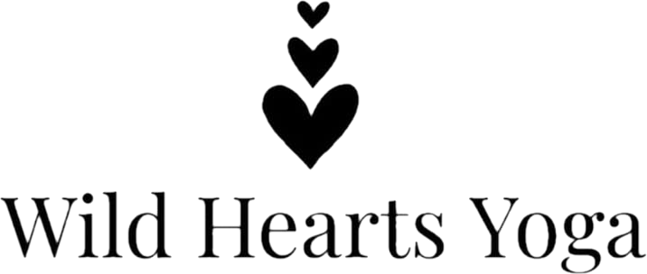 A black and white logo for wild hearts yoga with three hearts.