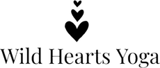 A black and white logo for wild hearts yoga with three hearts.